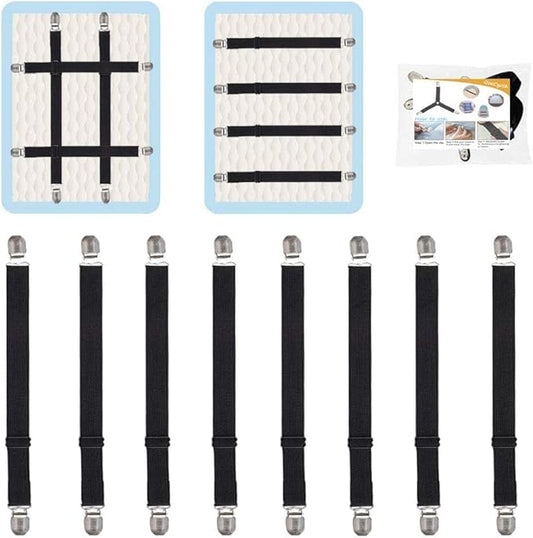 8Pcs Adjustable Bed Sheet Straps Clips, Elastic Mattress Sheet Fasteners Holder and Suspenders, Grippers to Hold Sheet, Mattress, Sofa, Couch, Table Cloth, Ironing Board Cover