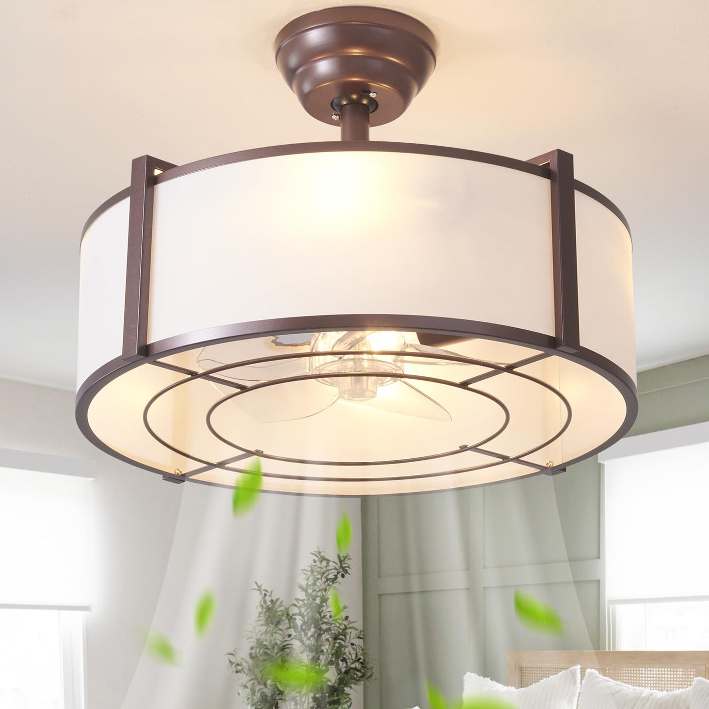 Ymkskj 20 Brown Fandelier Ceiling Fans With Lights, Boho Rattan Ceiling Fan With Light Remote Control, Caged Mid-Century Modern