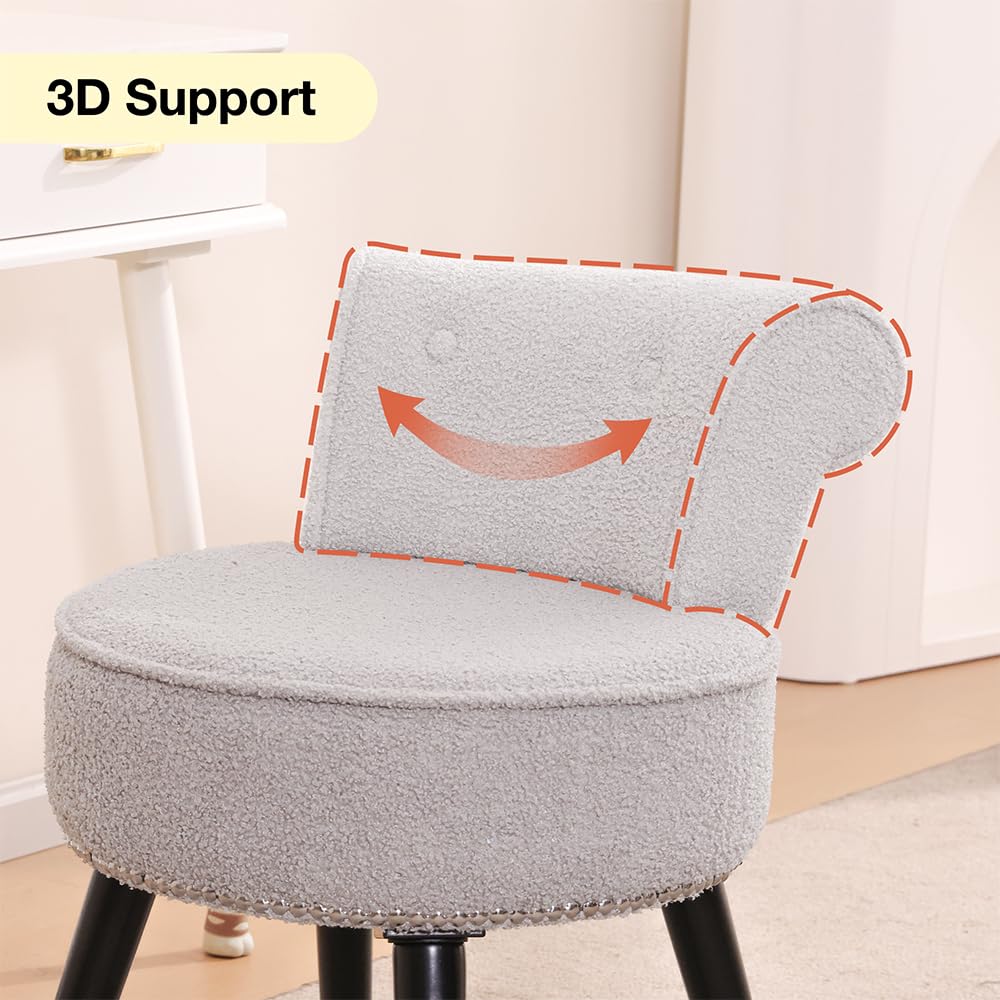 Sherpa Vanity Chair with Back for Bedroom - Tufted Upholstered Low Back Makeup Chair with Wooden Legs, Modern Elegant Dressing Table Stool for Dressing Room﻿(Grey)