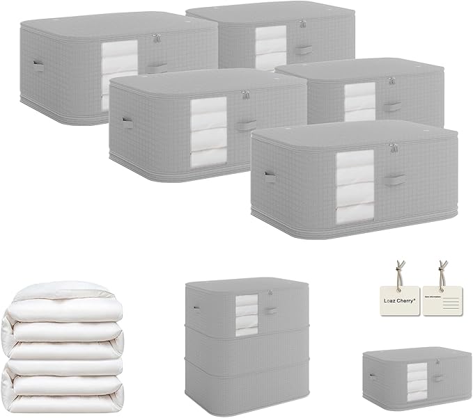 5-piece compressed clothes storage bags, foldable wardrobe storage bags, large-capacity with handles, suitable for sweaters, bed sheets, blankets, down quilts, pillows, toys, etc.gray