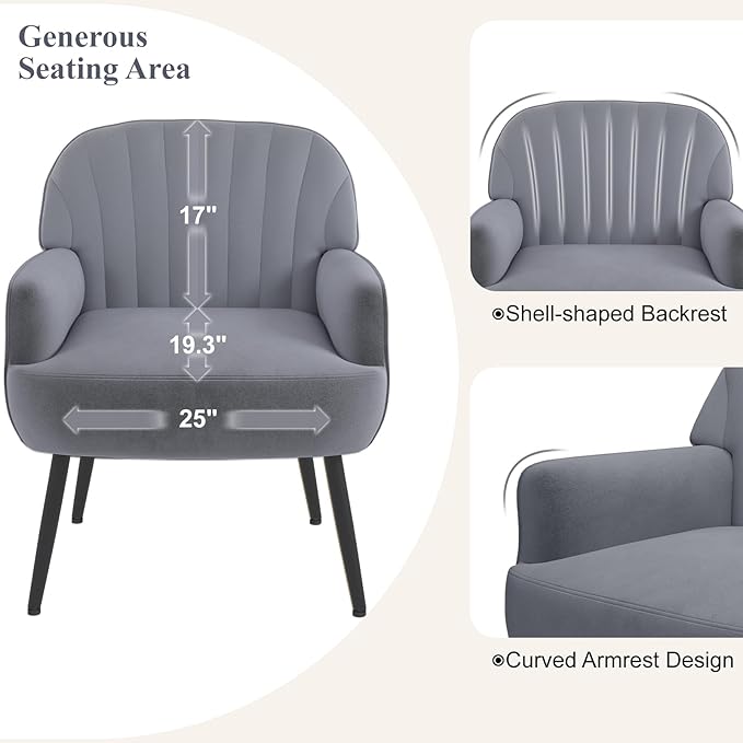 Holiway Velvet Accent Chair, Upholstered Modern Leisure Single Sofa Side Chair, Comfy Tufted Back Armchair with Metal Legs for Living Room/Bedroom/Office/Reading Room, Grey