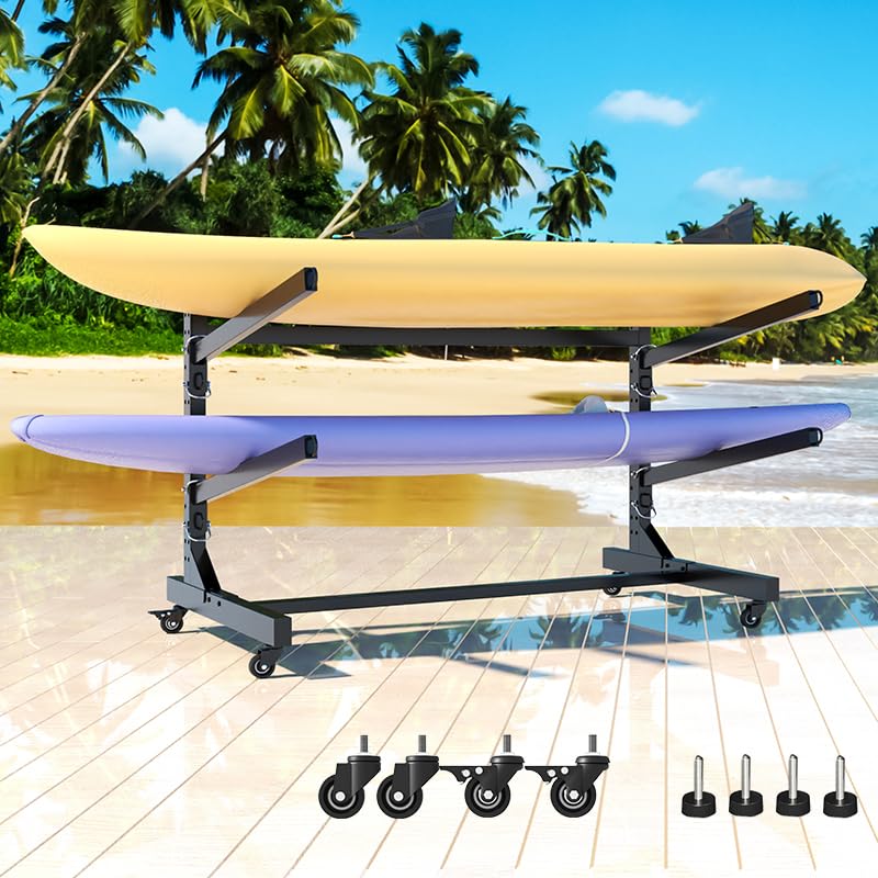 Reegangfa Freestanding Kayak Storage Rack, 2-Capacity Heavy Duty Metal Kayak Stand for Outdoor and Indoor, Adjustable Kayak Holder with Wheels, Canoe Rack for SUP, Sled, Paddle Board, Surfboard,Garage