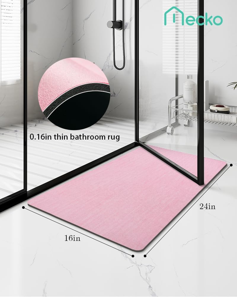 Mecko Bath Mat Rug, Ultra Thin Bathroom Rug -Rubber Non-Slip Quick Dry Absorbent Bath Mat Fit Under Door, Faux Suede Surface Bathroom Floor Mats for Bath, Shower, or Sink (Pink,16"x24")