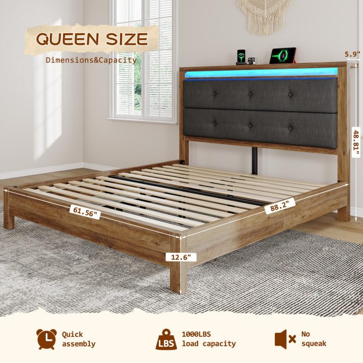 EnHomee Queen Bed Frame, Queen Size Bed Frame Solid Wooden Platform with Built in Charging Station & Upholstered Headboard LED, No Noise, Easy Assembly, No Box Spring Needed