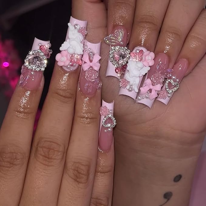 55 Pcs 3D Silver-Pink Nail Charms Y2K Set: Snowflakes, Stars, Dangle Stars, Hearts, Dangle Hearts,Cherries, Maple Leaves, Butterflies, Dollars Silver Nail Charms Y2K