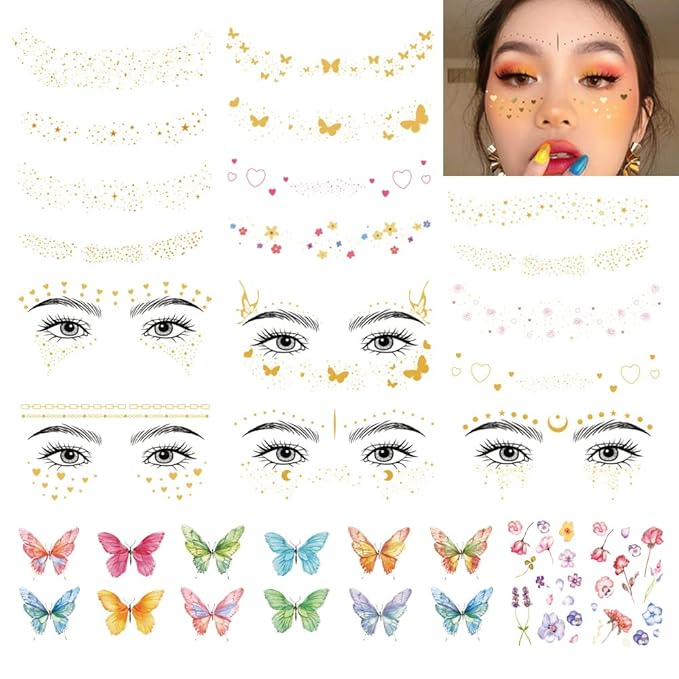 DIVAWOO 32 Sheets Face Temporary Tattoo, 20 sheets Glitter Metallic Freckle Tattoos, 12 PCS Butterflies Fake Tattoos Stick...