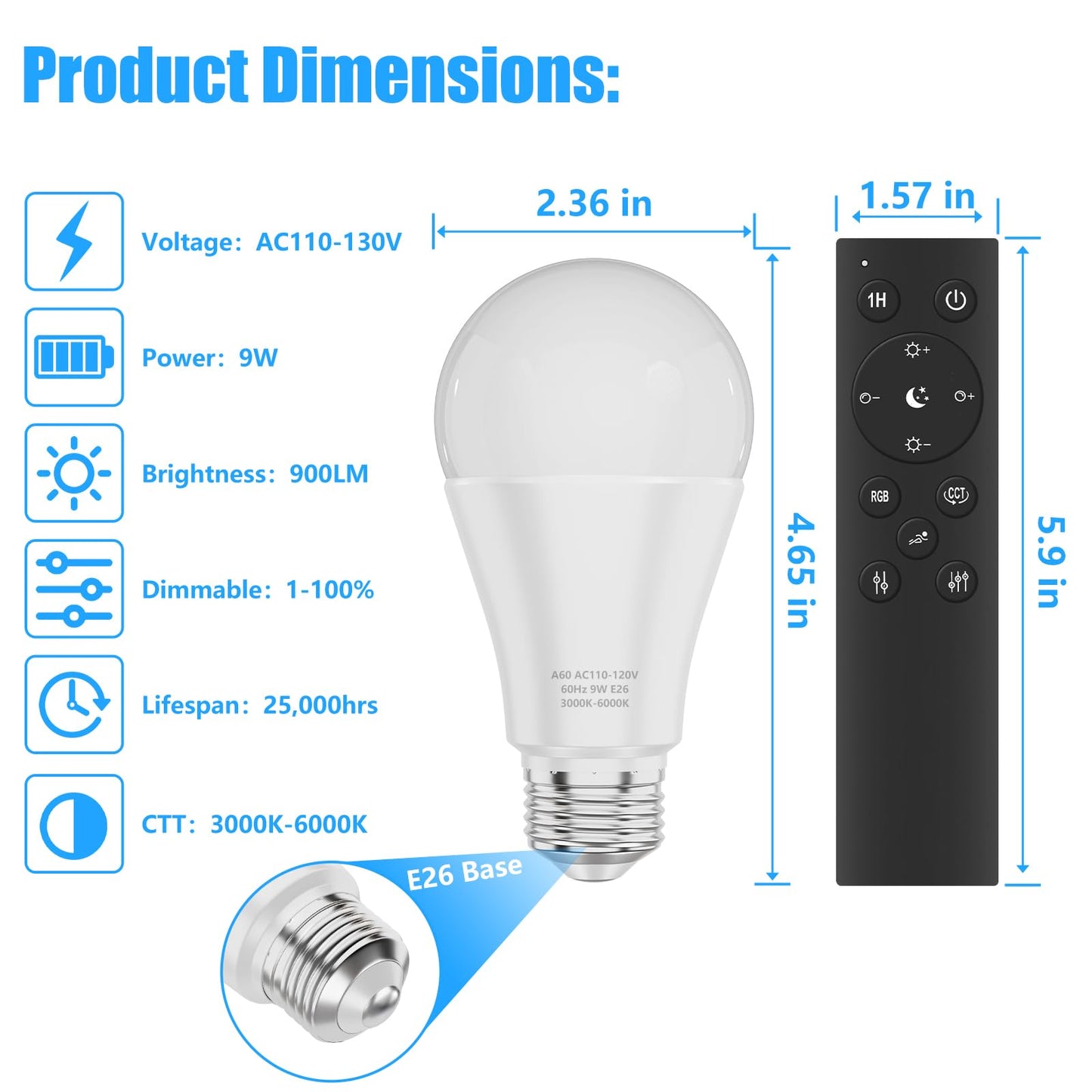 MXhme A19 LED Light Bulbs with Remote Control, 800LM 9W, 60W Equivalent LED Bulbs,Stepless Dimmable 3000K-6000K,E26 Base,CRI 80+,2.4GHz,25000+ Hours Lifespan,Light Bulb for Home Decor,1Bulb&1Remote