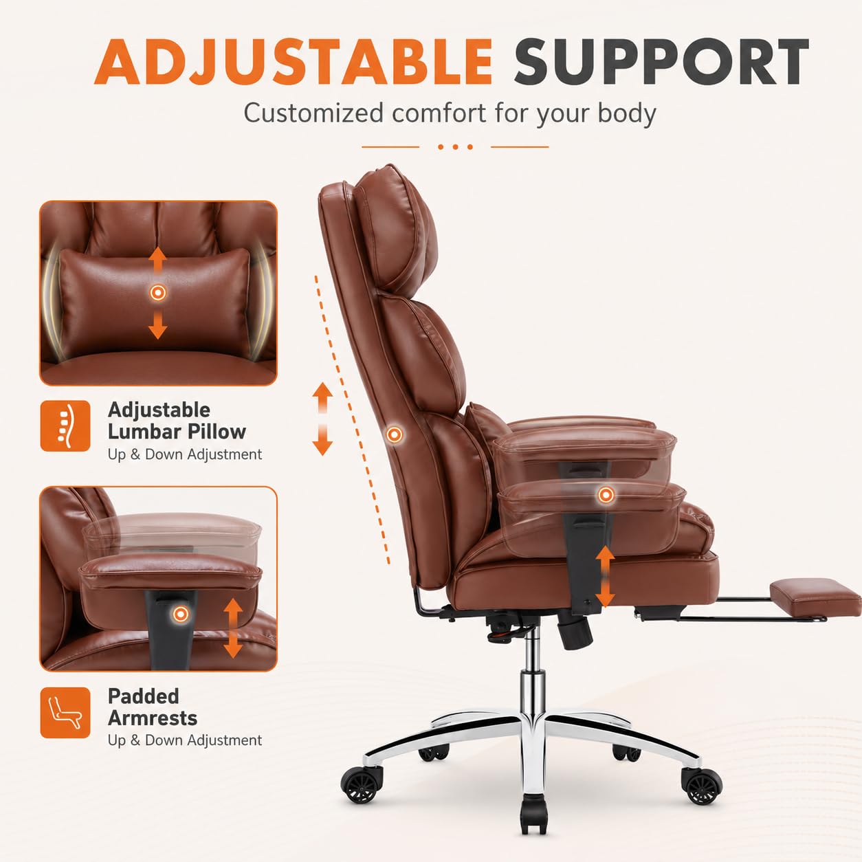 Big and Tall Ergonomic Office Chair with Footrest, Executive High Back PU Leather Desk Chair, Reclining Computer Chair with Adjustable Lumbar Support and Armrests, Swivel Rolling Gaming Chair, Brown