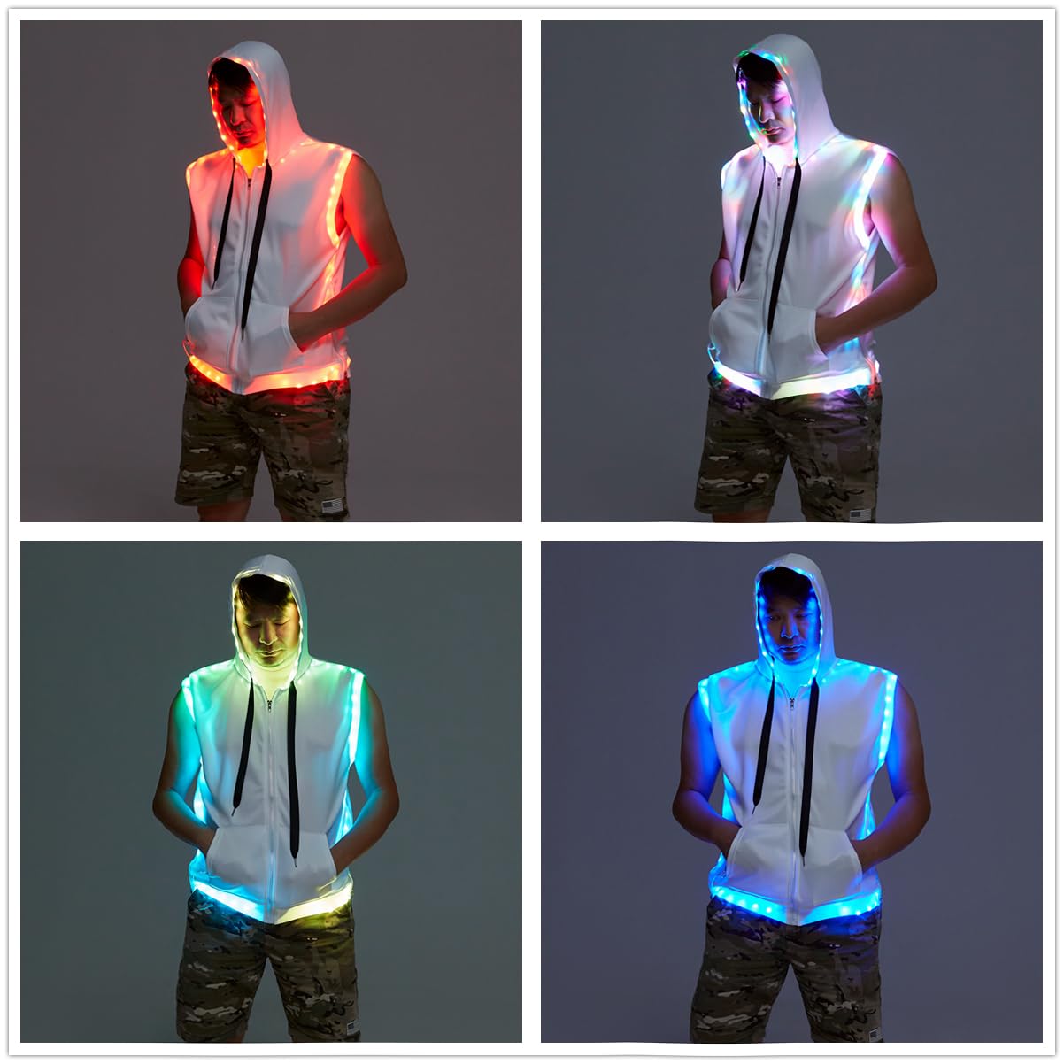 Men's White Hooded Tank LED Light Up Music Player DJ Shirt Disco Outfit Rave Tops Night Club Show for Halloween Dance Party (White, XL)