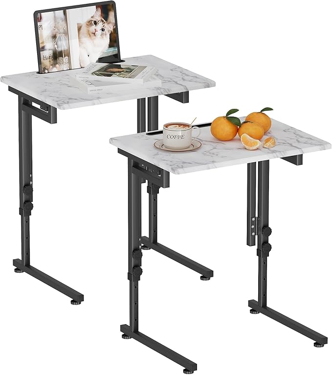 Fleecy day TV Tray, Folding TV Dinner Table, Adjustable Small C-Shaped End Tray for Eating, Foldable Slide Under Couch Side Table for Recliner, Living Room,No Assembly Required(White Marble,2Pcs)