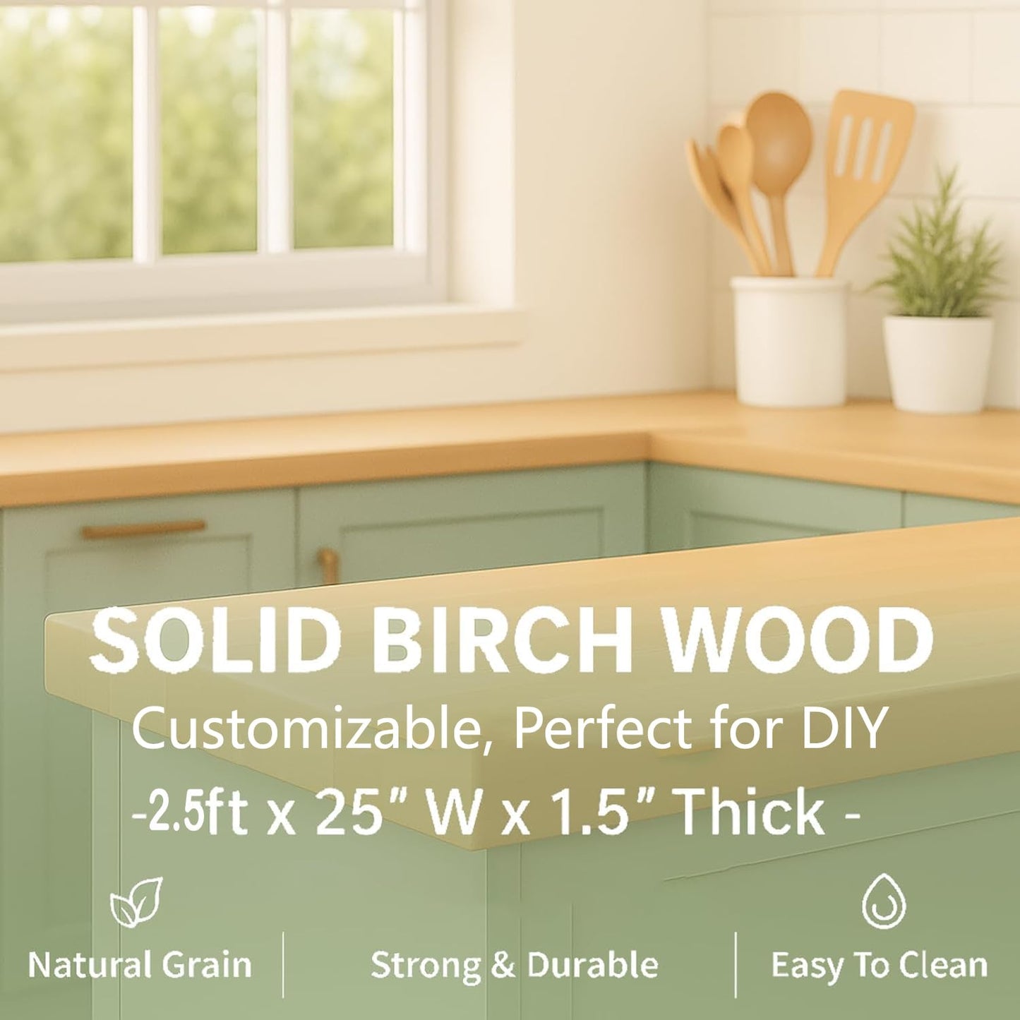 2.5ft Butcher Block Countertop– 30"x25" Solid Birch Wood DIY Countertop, Durable Counter Table Tops for Kitchen Island, Bar, Workshop, Laundry Counters Dining Room Tables 1.5" Thick