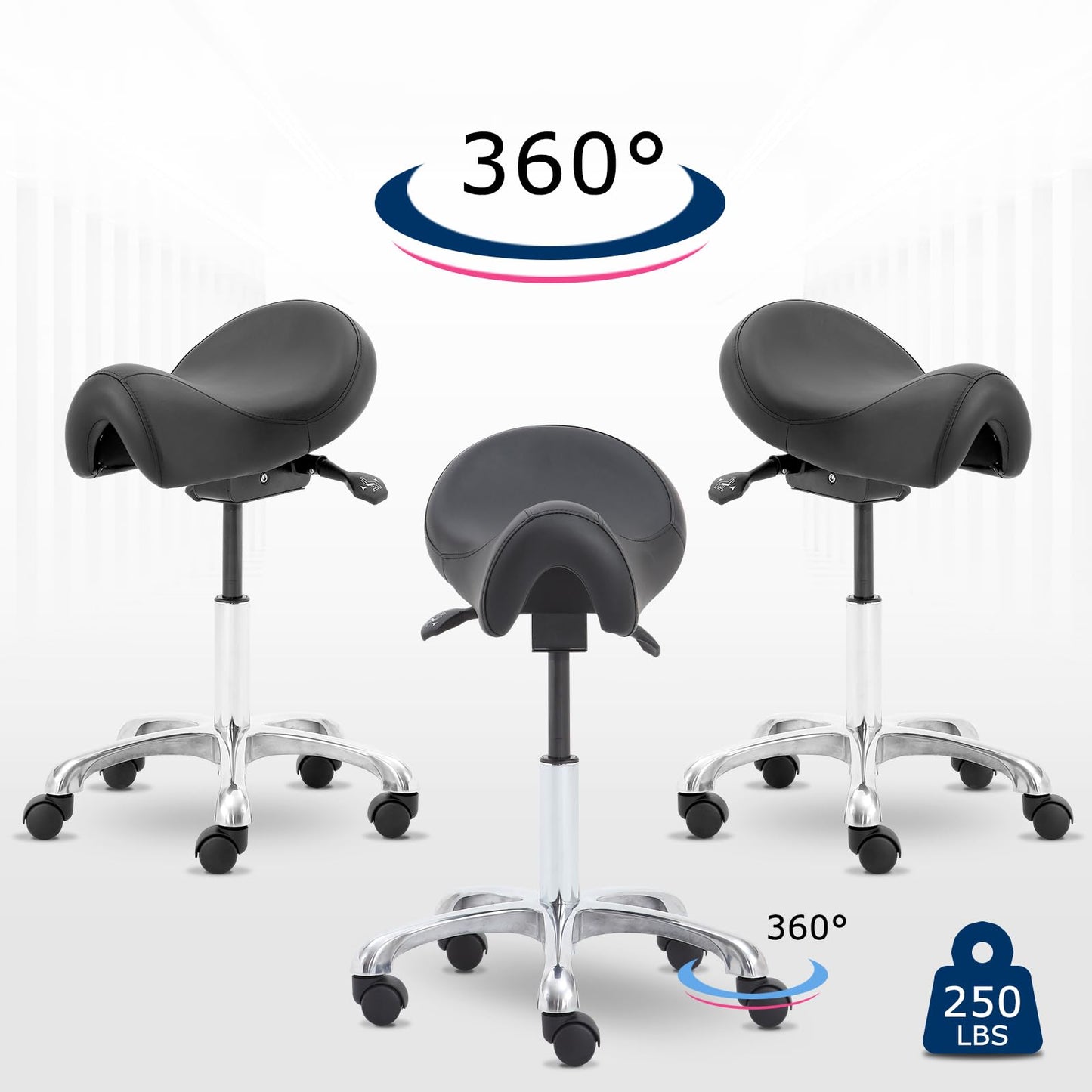Eognyzie Saddle Stool with Wheels, Height Adjustable Ergonomic Rolling Saddle Chair for Salon Tattoo Shop Spa Home Dentist Clinic, Black Saddle Stool