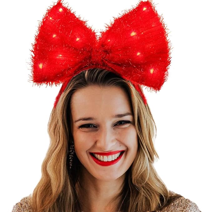 Bouory Light Up Bow Headbands LED Bowknot Hairband Red Bows Head Bands for Women (Red)