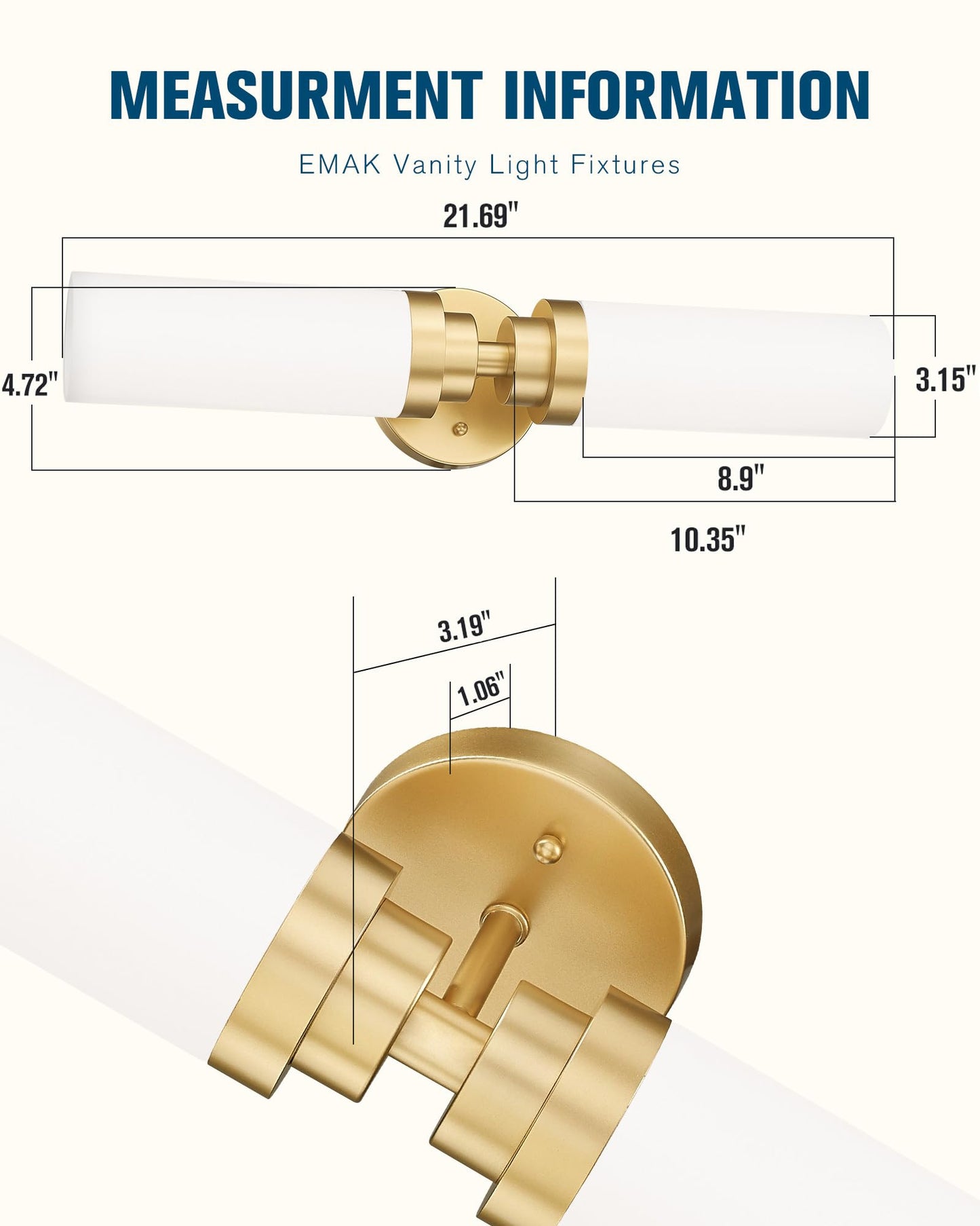 Emak 22 Inch Gold Bathroom Light Fixtures Over Mirror, 2 Light Bathroom Vanity Light with Milk Glass Shade, Modern Wall Sconce Set of Two for Bath, Hallway, VL085-GDL-ML-2-2PK