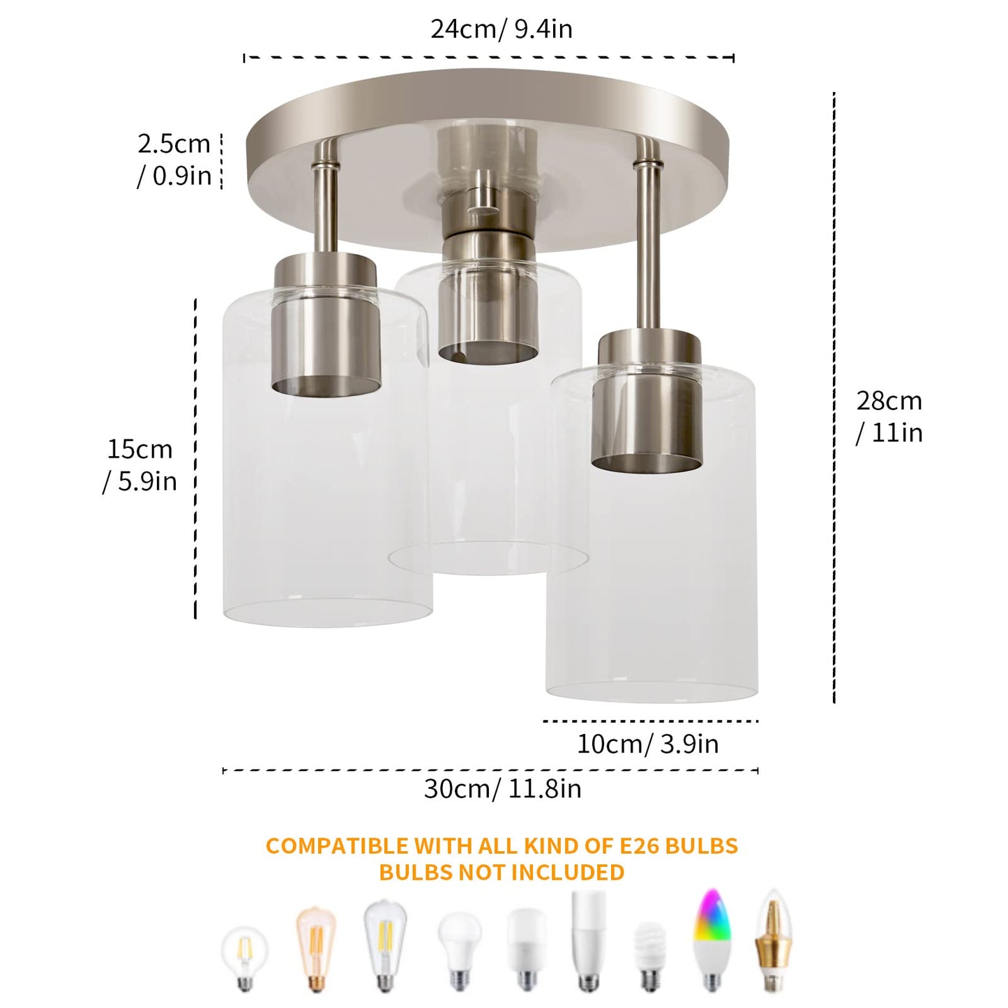 foucasal Semi Flush Mount Ceiling Light 3-Light Brushed Nickel Flush Mount Ceiling Light Fixtures with Clear Glass Shade, Modern Kitchen Ceiling Light for Bedroom Stairs Porch Hallway Entryway