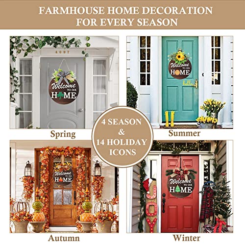 Interchangeable Welcome Sign for Front Door with 4 Seasonal Wreaths and 14 Changeable Icons, Farmhouse Front Door Signs, D...