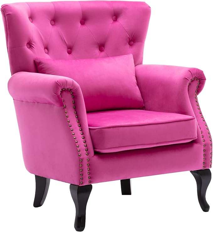 DM Furniture Mid Century Accent Chair Modern Button Tufted Armchair Wingback Club Chair Velvet Single Sofa Lounge Chair with Pillow for Living Room Bedroom, Rose Pink