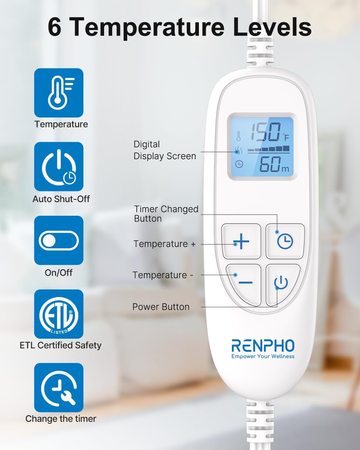 RENPHO King Size Heating Pad for Back, Valentines Day Gifts for Her Him, Birthday Gifts for Men Dad, FSA Eligible, XL Large Electric Heat Pad for Neck and Shoulder, ETL Certified, 24"x37", Blue