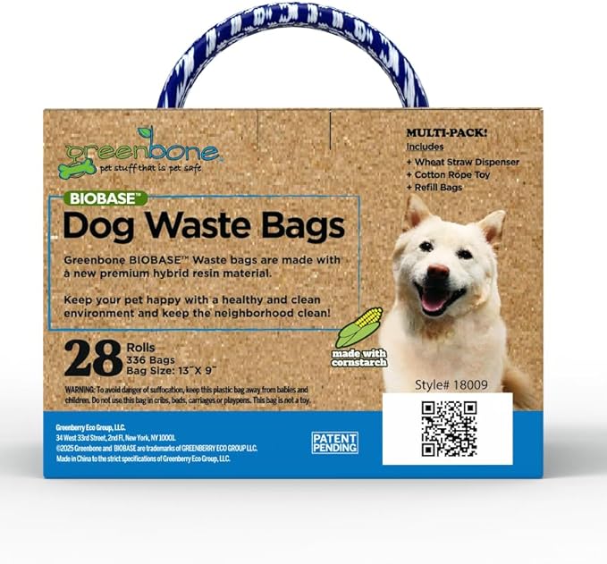 Greenbone BioBase Blue Dog Poop Bag Refills: 28 Rolls - 336 Bags with Dispenser and Rope Toy Handle- Dog Gift Set