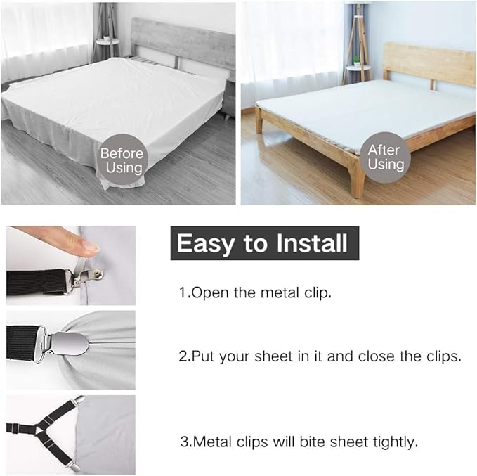 Foloda Sheet Holders, 8 pcs Adjustable Bed Sheet Straps, Fitted Sheet Holder Clips Fasteners Suspenders Gripper Locker Scrunchie for Bed Mattress Corners, Keep Sheet Firm Tight