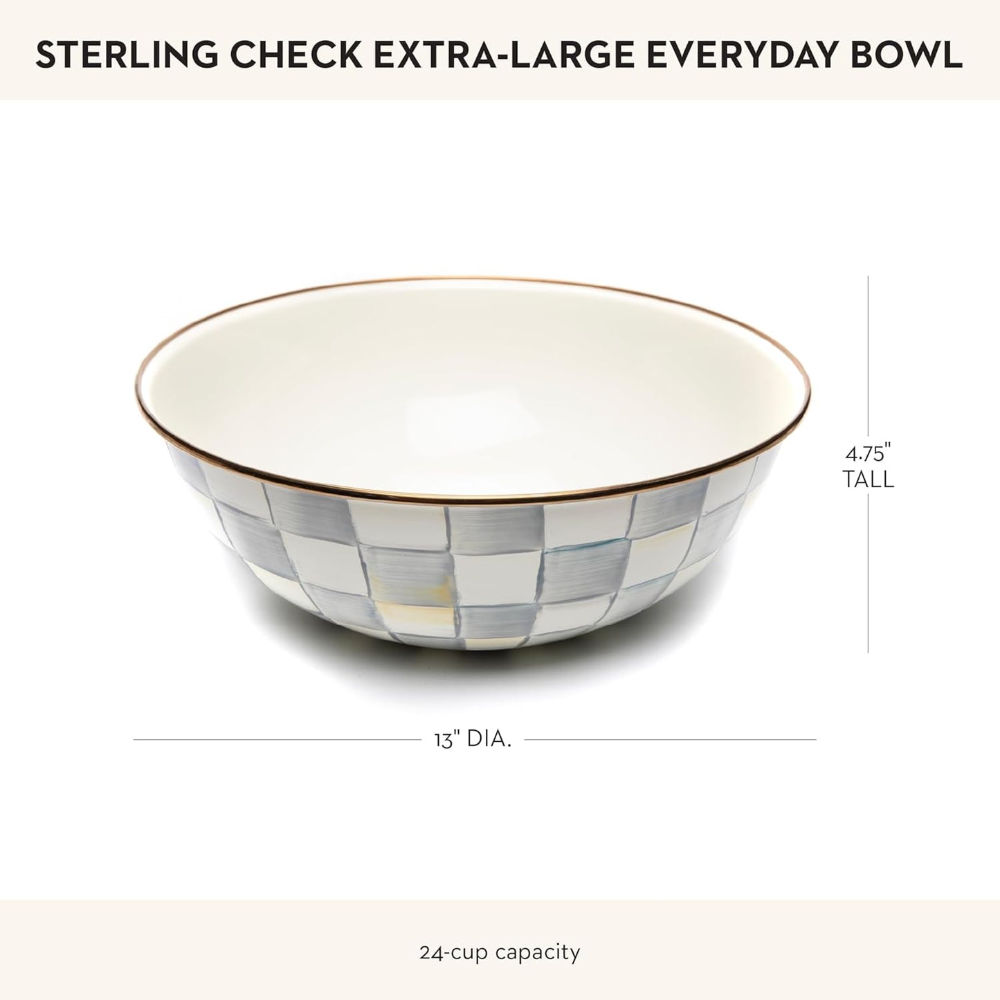 MACKENZIE-CHILDS Enamel Everyday Bowl, Serving Bowl for Entertaining, Extra-Large, Gray-and-White Sterling Check, Set of 1