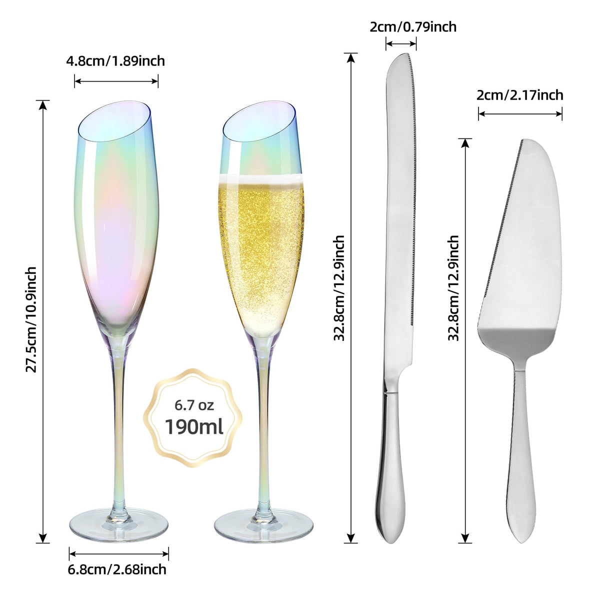 DORELINA Bride and Groom Champagne Glasses Set of 2,Wedding Gifts for Couples 2025, Iridescent Crystal Wedding Champange Flutes and Cake Server Sets Engagement Newlyweds-6oz