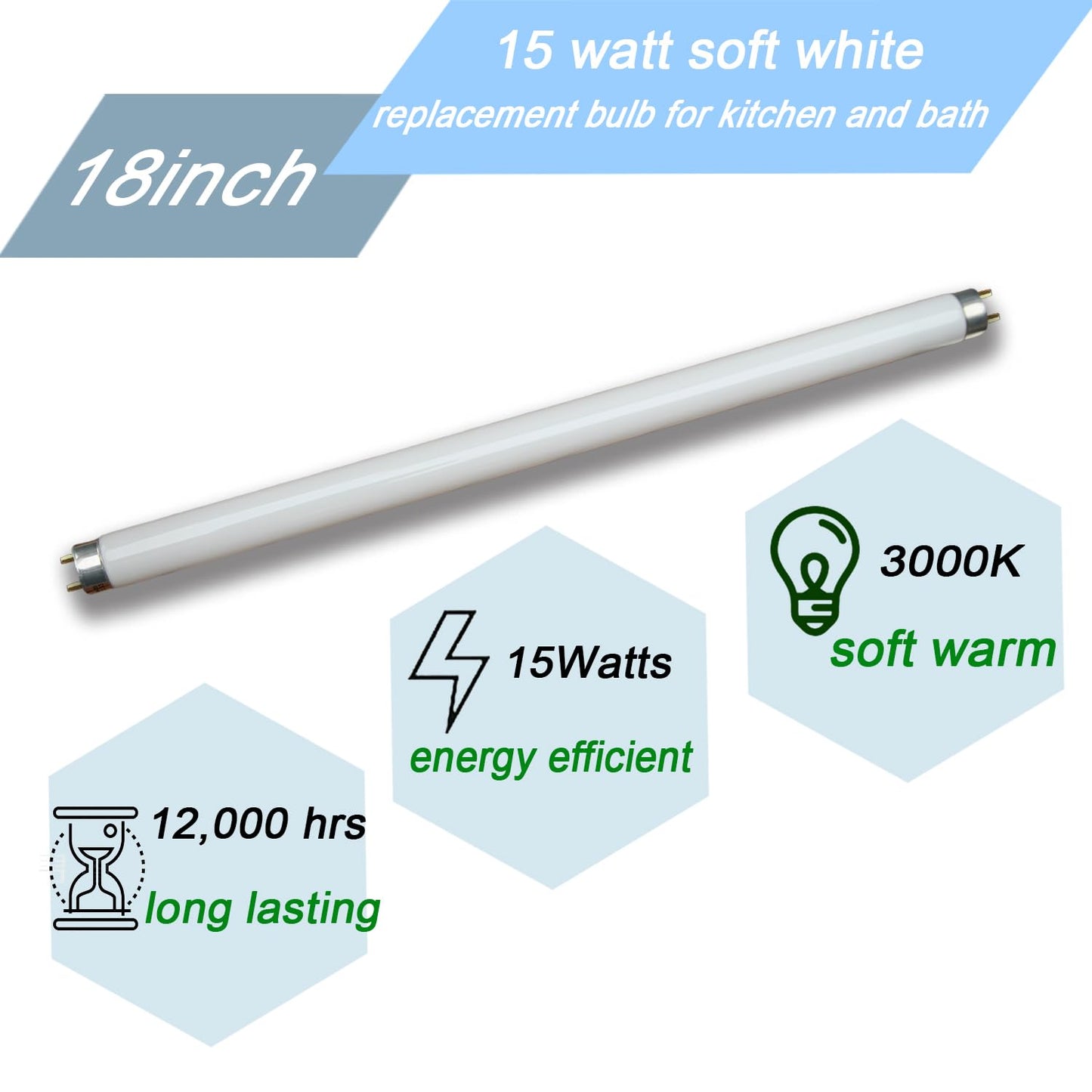 18 inch F15T8/WW Fluorescent Light Bulb 15watt F15T8-KB Warm White Replacement Tube,3000K Soft White T8 Linear Lamp for Kitchen and Bath