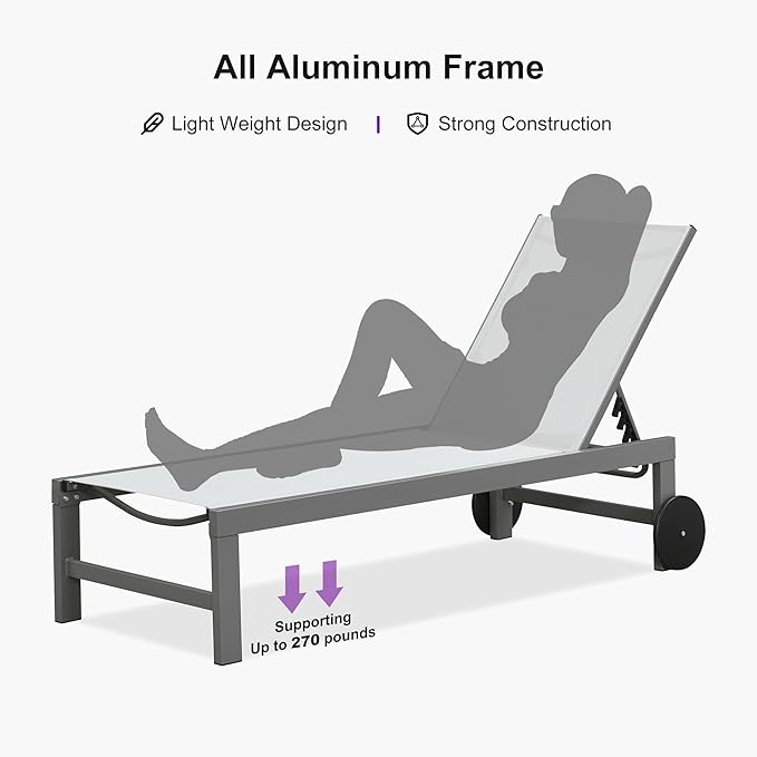 PURPLE LEAF Outdoor Lounge Chair Set for 2 Patio Chaise Lounger with Aluminum Frame and Wheels All-Weather Pool Lounge Chairs for Outside Garden Yard Poolside Table Included, White