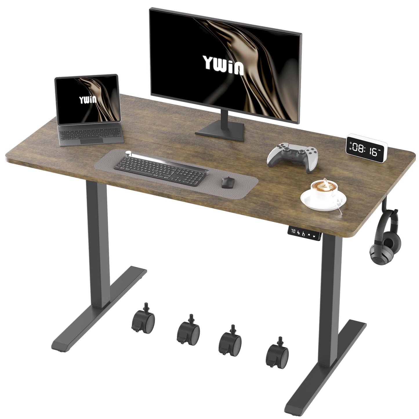 Ywin Electric Height Adjustable Standing Desk with Wheels, 63 x 24 inches Ergonomic Stand Up Desk for Home Office