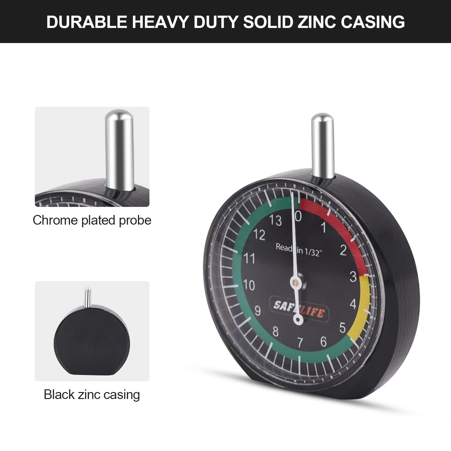 SAFELIFE Tire Tread Depth Gauge, Dial Type Tire Tread Depth Gauge Professional for Motorcycle, Car,Truck and Bus,Easy Reading Tyre Tread Depth Gauge in 32nds