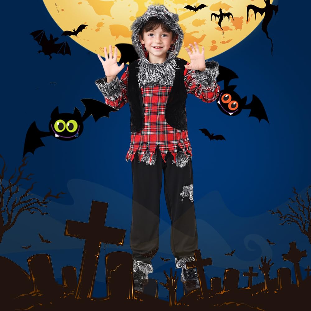 Biutiufiu Wild Wolfie Costume Hungry Howler Werewolf Halloween Costume for Boys Big Bad Wolf Dress Up Party (7-8 Years,Wolf)