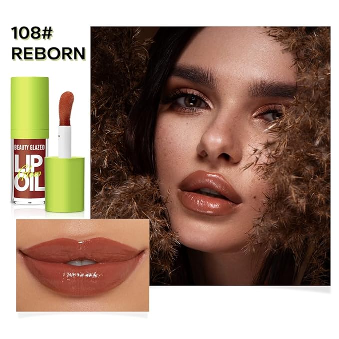 Beauty Glazed Big Brush Head Lip Oil, Ultra-Hydrating & Nourishing, Smooth Glossy Finish Lip Glow Oil, Shiny and Vegan Tinted Lip Gloss, Non-Sticky Formula (2, 107# HUGGING & 108# REBORN)