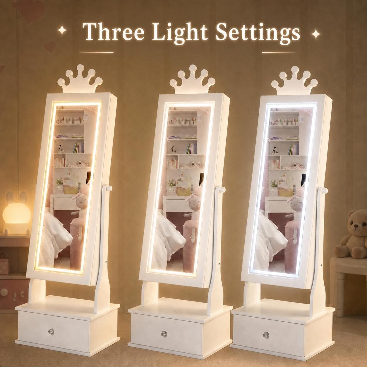 Garvee Kids Jewelry Armoire with Full Length Mirror, LED Lights, Adjustable Angle, Lockable Jewelry Cabinet for Girls, Standing Organizer, Gift for Girls