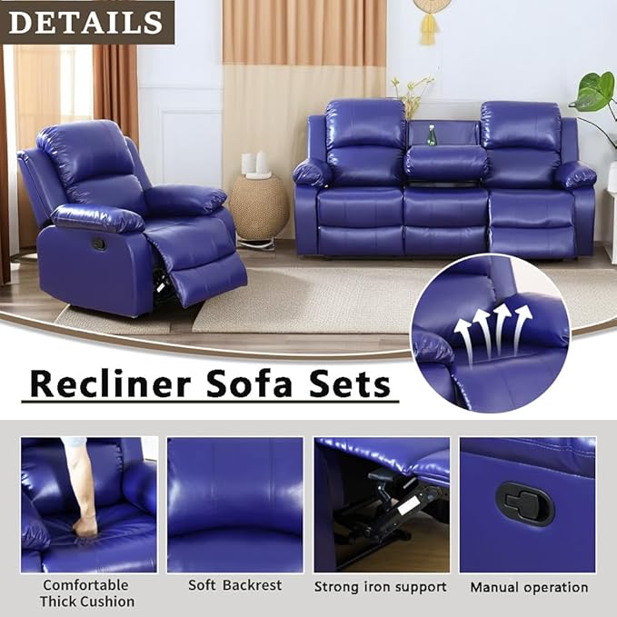 A Ainehome Living Room Furniture Set Leather Recliner Sofa Set Loveseat Chair Furniture Sofa Set for Living Room/Small Space/Rv/House/Office/Theater Seating (A-Blue Leather, Sofa+Chairs)
