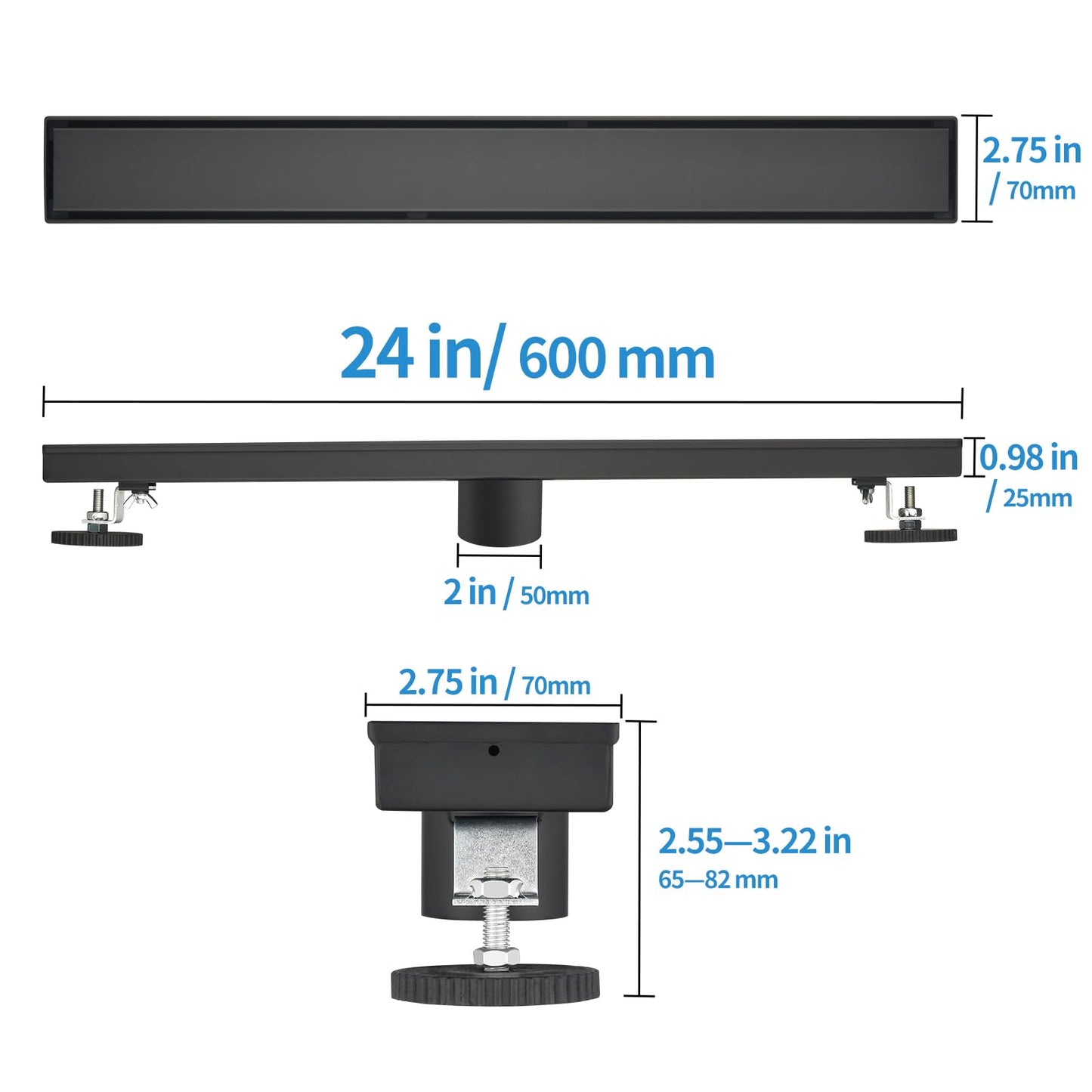 Kuaisailsk Linear Shower Drain with Tile Insert Panels, 24 Inch Black 304 Stainless Steel Rectangle Shower Floor Drain, with Hair Catcher, Adjustable Feet, Fits Bathroom, Balcony