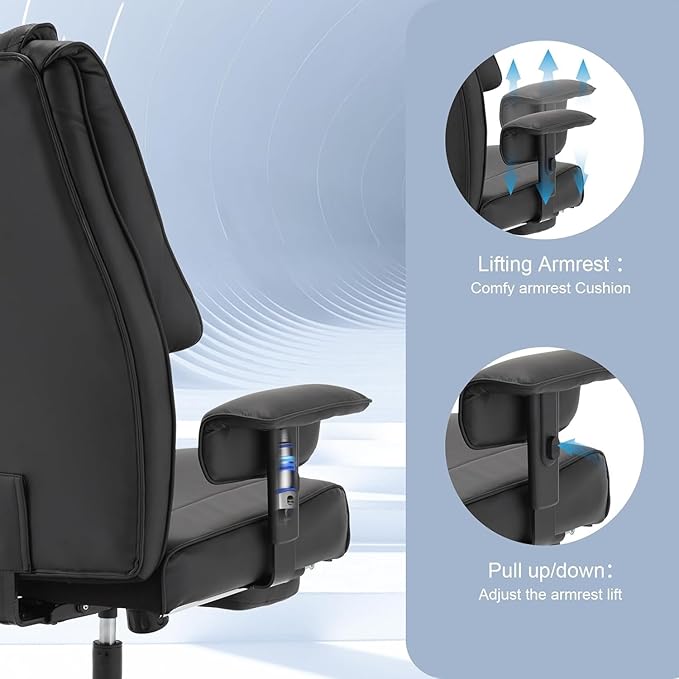 500lb Big and Tall Office Chair, Reclining Office Chairs with Footrest, High Back Leather Executive Computer Chair with Wheels Recliner Home Desk Chairs with Lumbar Support for Heavy People,Black
