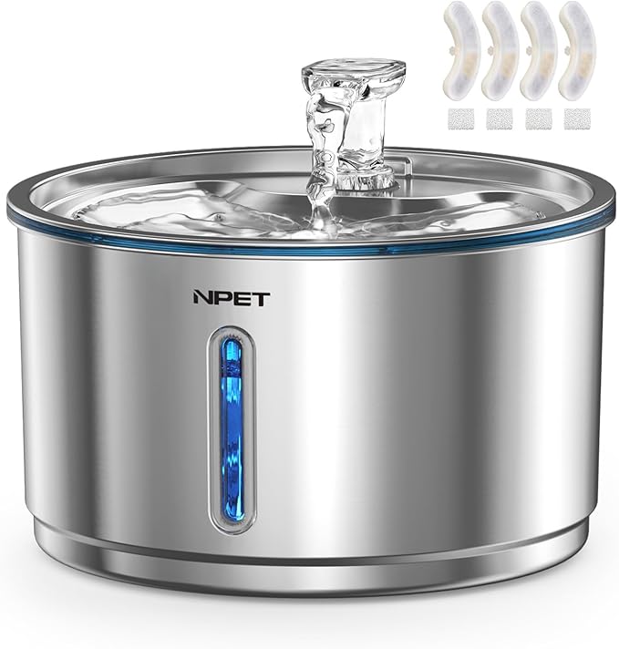 NPET Stainless Steel Cat Water Fountain, 1Gallon/135oz Automatic Pet Drinking Fountain Dog Water Dispenser with 4 Replacem...