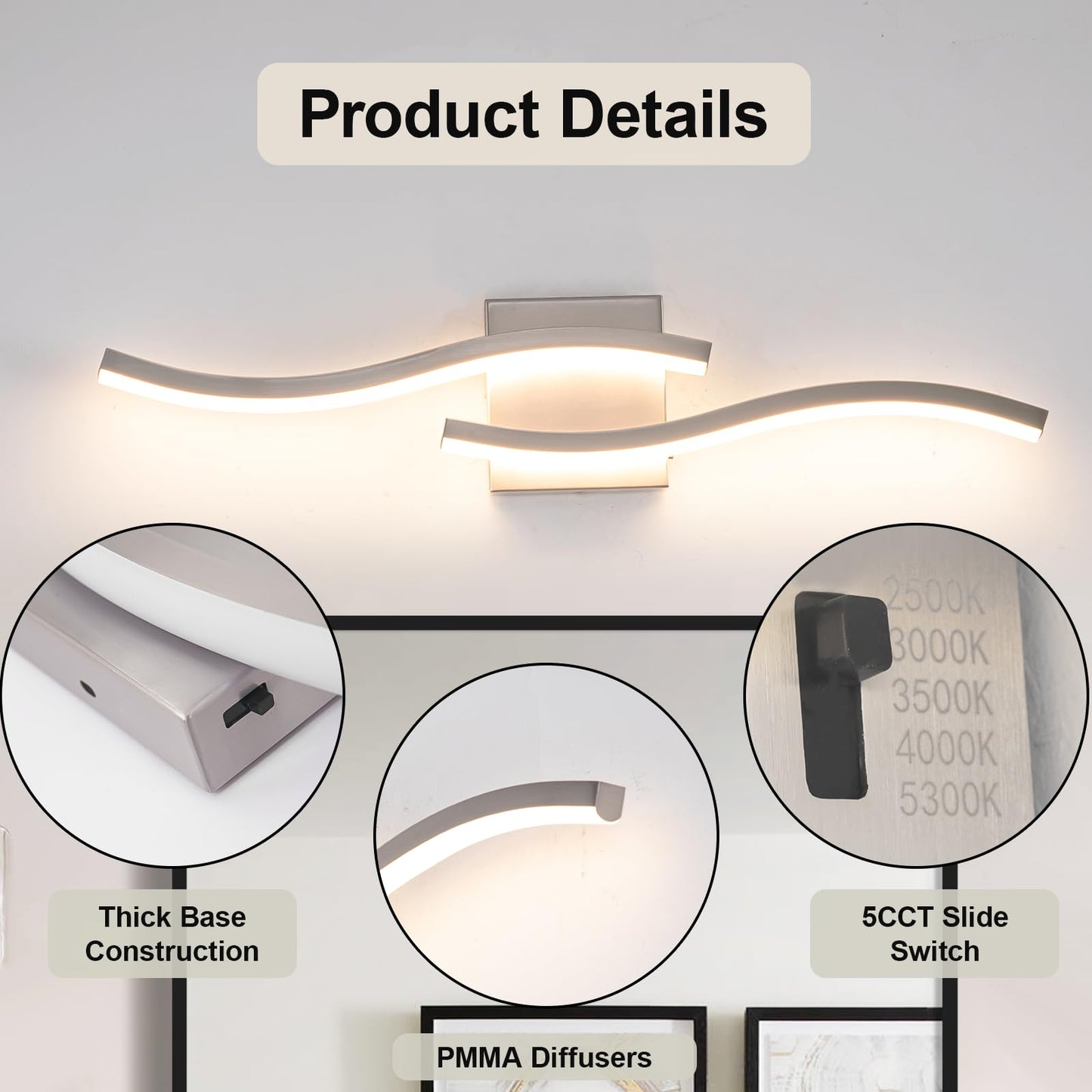 Sovinzert Brushed Nickel Curved Bathroom Vanity Light Fixture Over Mirror, 23.62 inch Modern LED Wall Lamp 5CCT Dimmable Bathroom Light Fixture Modern Vanity Lighting 23 Inch Wall Sconces