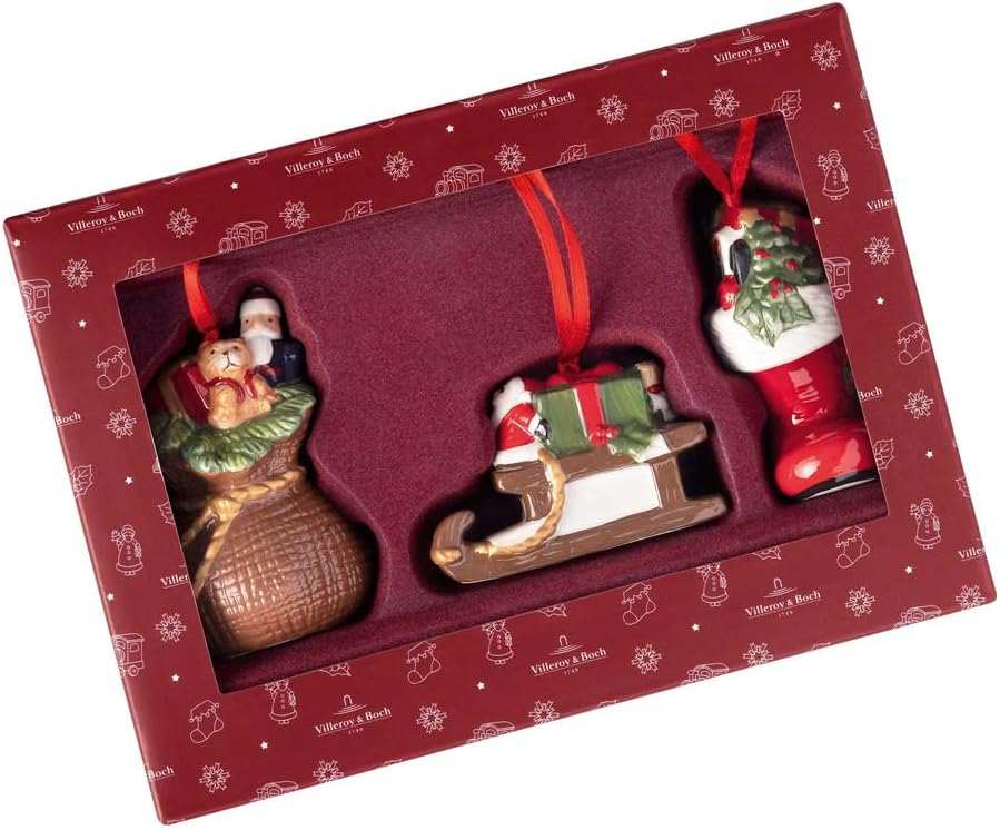 Villeroy & Boch – Nostalgic Ornaments Ornament Set: “Presents”, 3 pcs, Boots, Sleigh and Present Sack in Hard-Paste Porcelain as Tree Decorations, Multicoloured