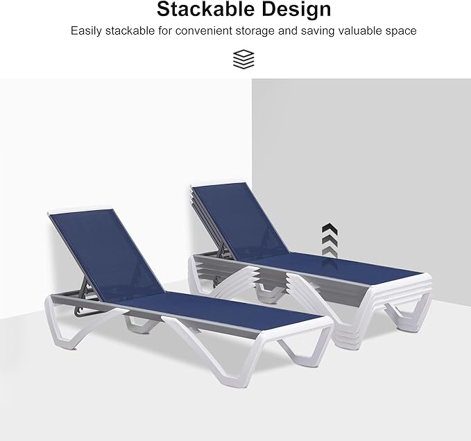 PURPLE LEAF Patio Chaise Lounge Chair Outside Aluminum Plastic Stackable Tanning Chairs for Pool Sunbathing Beach Deck Outdoor Lounger, Navy Blue