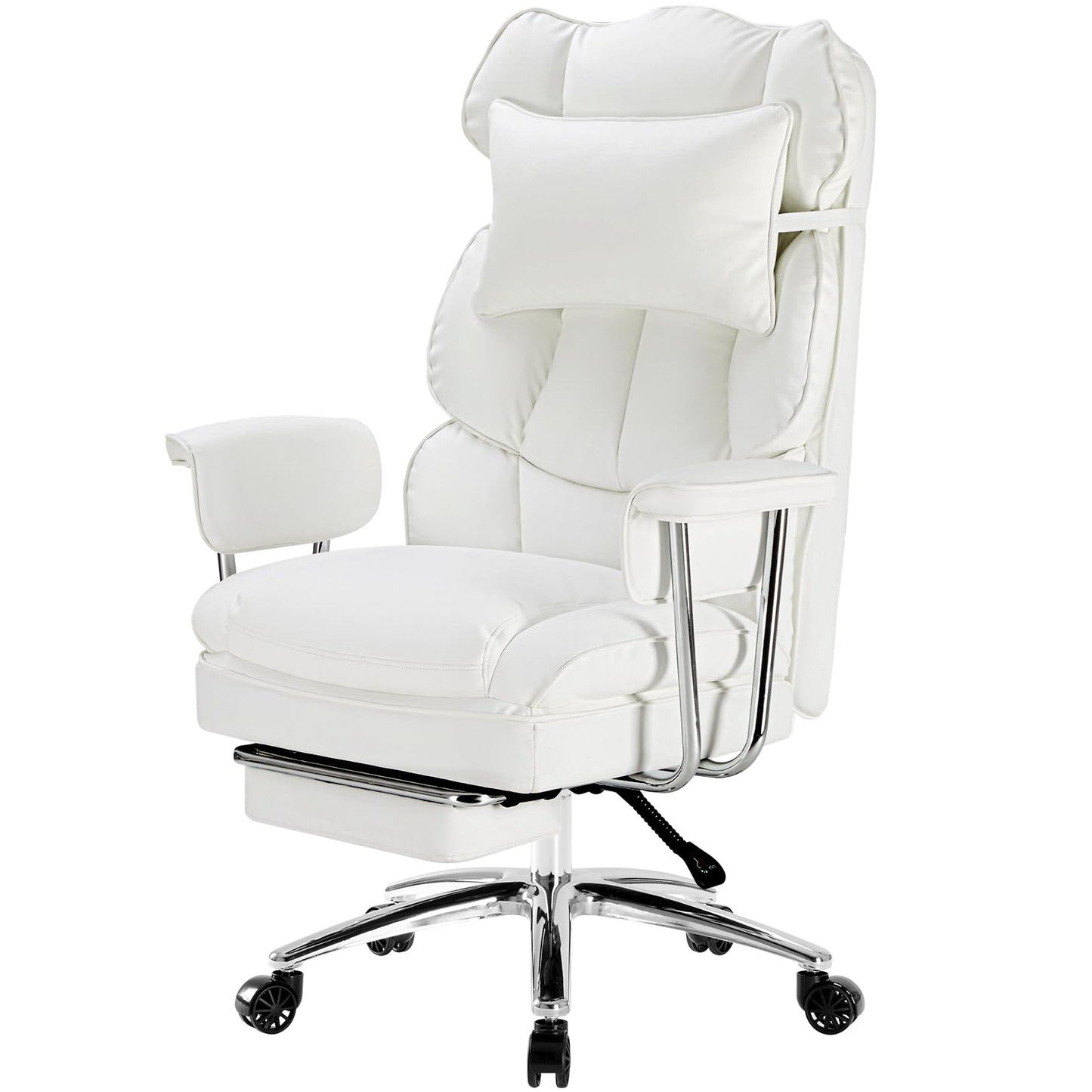 DUMOS Home Office Desk Executive Chair - Ergonomic Big Tall High Back with Footrest & Lumbar Support, Reclining Height Adjustable, Comfy PU Leather Computer Gaming with Swivel Wheels, White