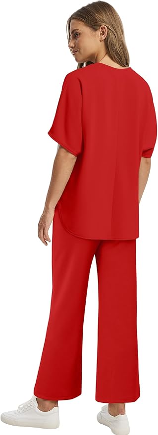 Sampeel Two Piece Sets for Women Summer Outfits Oversized Wide Leg Crop Pants Lounge Sets Airport Beach Vacation Clothes