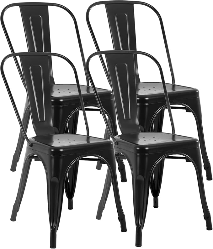 FDW | Metal Dining Chairs | Set of 4 | Black | Stackable Tolix Side Chairs with Backrest | Scratch-Resistant | Non-Slip Fe...