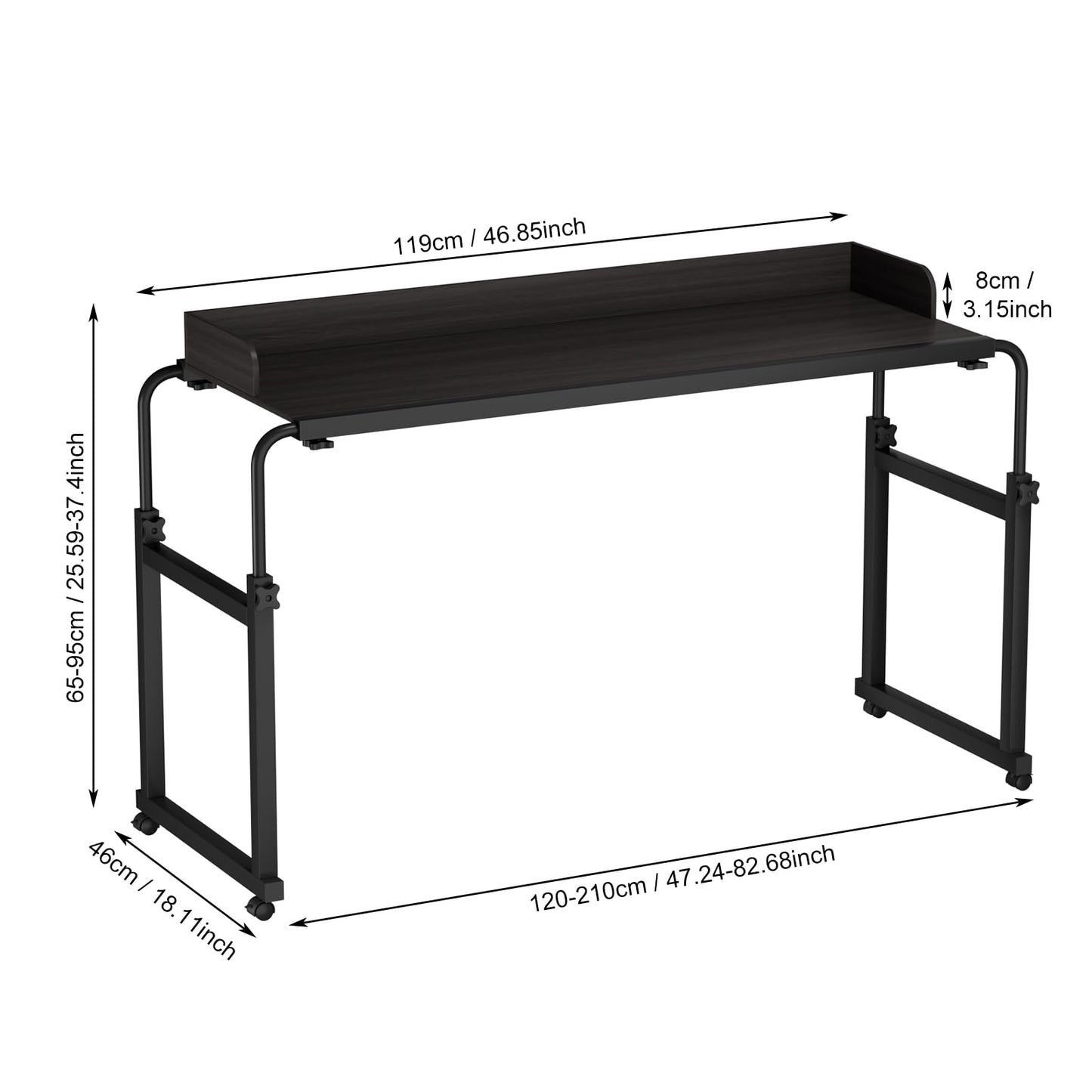 Smalibal Overbed Table with Wheels, Modern Style, Over Bed Desk with Various Height Adjustable and Raised Baffle for Home Office Bedroom Hospital Workstation, 20KG Weight Capacity Matte Black