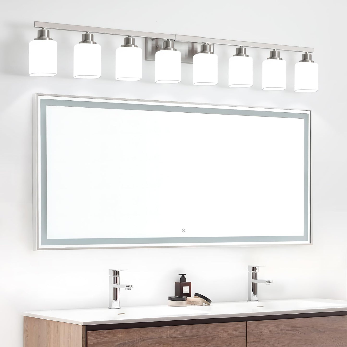 DIKAIDA 8-Light Bathroom Vanity Light,Brushed Nickel Vanity Lights with Square Frosted Glass,Modern Wall Lights Fixtures Over Mirror,Wall Sconces Lighting for Bedroom Living Room,E26