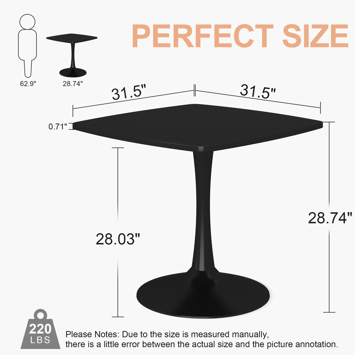 DKLGG Square Dining Table for 2-4 Person, 32 Inches Kitchen Table Tulip Dining Table MDF and Metal Legs for Kitchen & Dining Room Table, Black