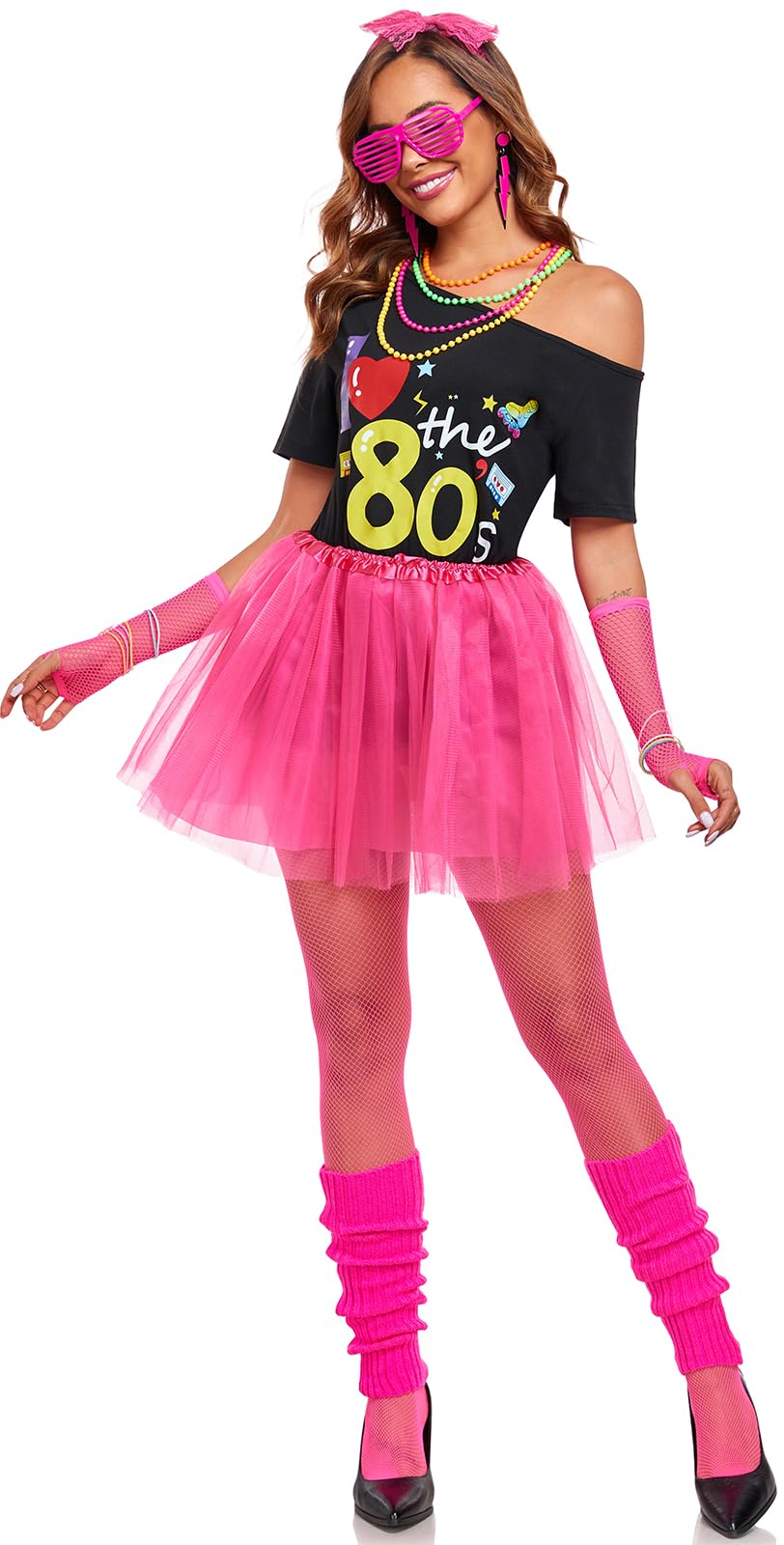 Gorkonpy 80s Outfit Woman Adult Halloween 80s Costumes for Woman with Accessories Leg Warmers Earrings Fanny Pack Headband (Small)