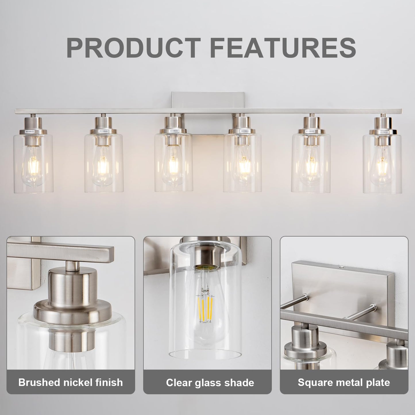 HCCZ 6 Light Bathroom Light Fixtures Brushed Nickel Vanity Light Over Mirror Modern Farmhouse Wall Lighting Sconces Wall Lamp for Bathroom, Bedroom, Living Room E26 Socket with Glass Shade