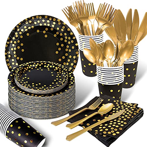 AIRE 175PCS Black and Gold Paper Plates Party Supplies for 25 Guests Disposable Party Decorations Dinnerware Golden Dot Bl...