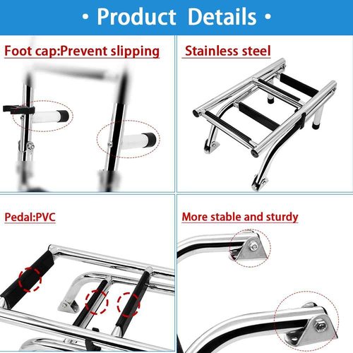 Folding Stainless Steel Boat Ladder 4 Step Pontoon 2+2 Step Portable Transom Mount Marine Stepladder, Rated to 400 Pounds